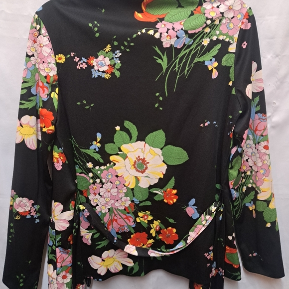 Vtg 70s/80s black floral long-sleeved open front belted cardigan with pockets - Picture 4 of 8